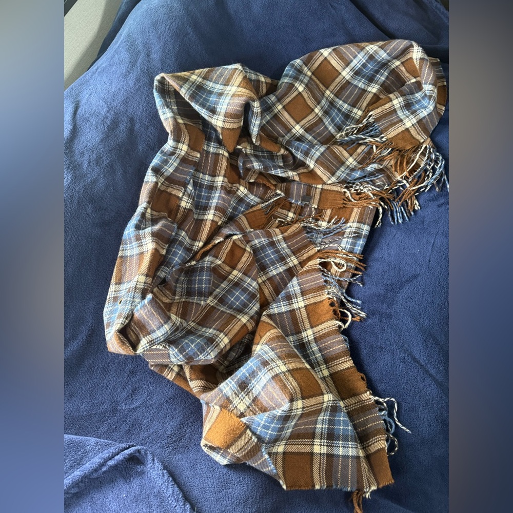 Plaid Fringe Scarf/wrap in Brown and Blue